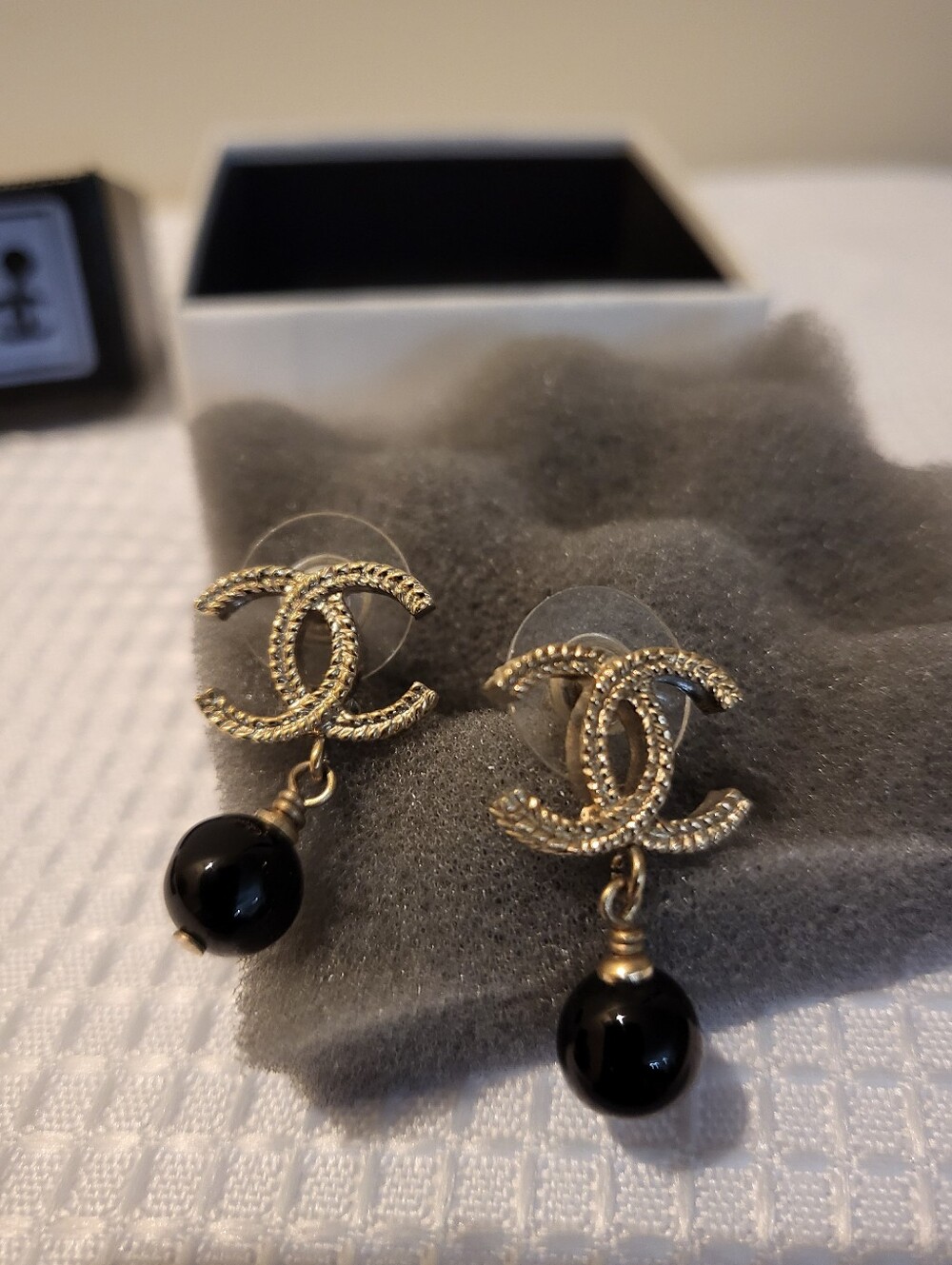 CHANEL Gold-Tone CC Drop Earrings with Black Beads